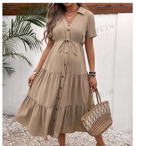 Casual Tiered Button-Front maternity Midi Dress in Tan